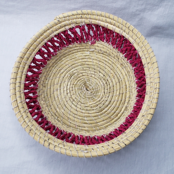Handwoven Coiled Grass Basket Pink Accents - Picture 2 of 5